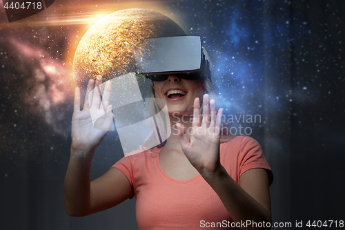 Image of woman in virtual reality headset or 3d glasses