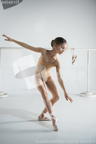 Image of The girl is training near the ballet barre.