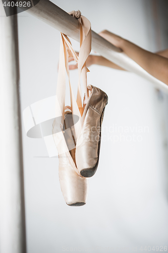 Image of Close up view of pointes for ballet on barre