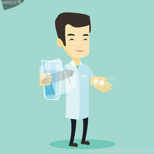 Image of Pharmacist giving pills and glass of water.