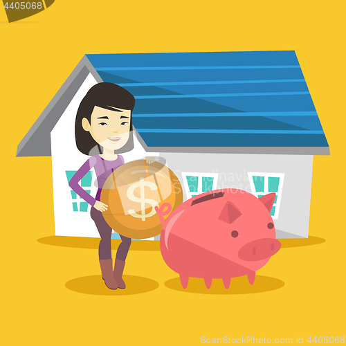 Image of Woman puts money into piggy bank for buying house.