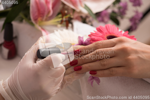 Image of Woman hands receiving a manicure