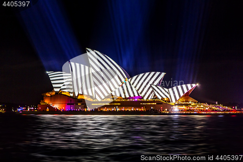 Image of Sydney Opera House with geometric stripes during Vivid Sydney