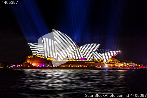 Image of Sydney Opera House with geometric stripes during Vivid Sydney