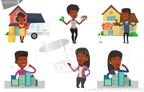 Image of Vector set of real estate agents and house owners.