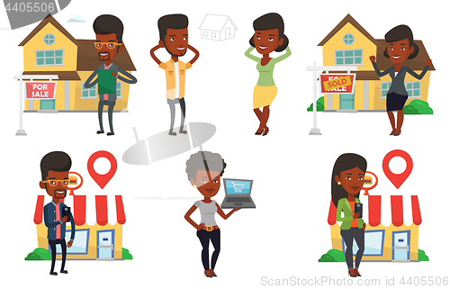 Image of Vector set of real estate agents and house owners.