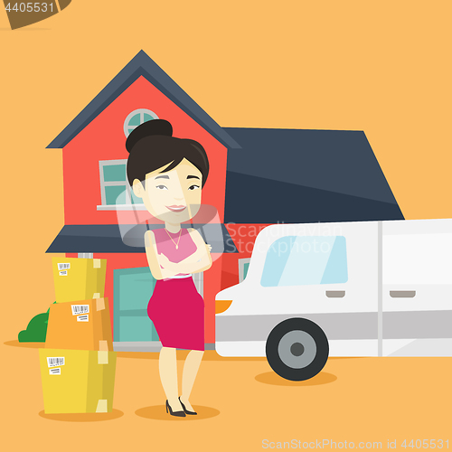Image of Woman moving to house vector illustration.