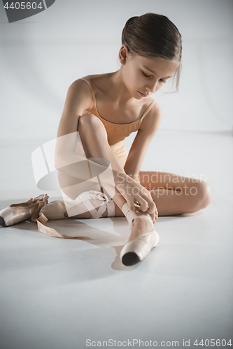 Image of Beautiful little ballerina puting on foot pointe shoes