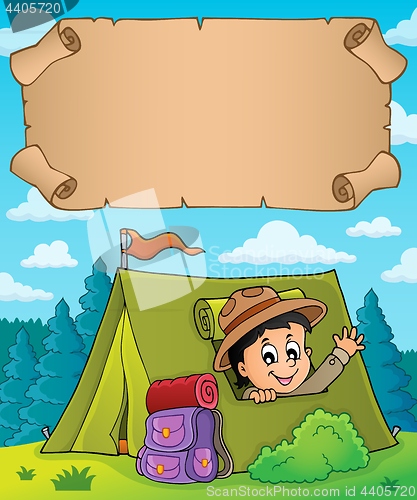 Image of Small parchment and scout in tent