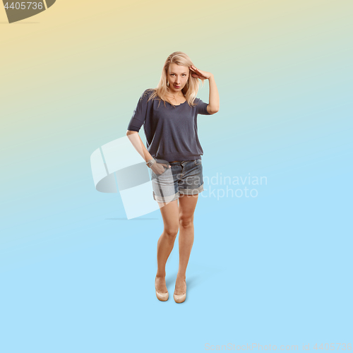 Image of Woman isolated on trendy gradient background