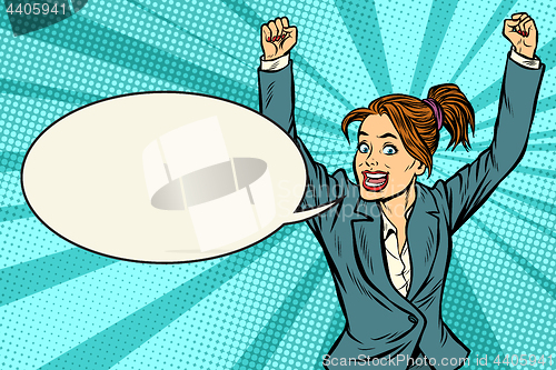 Image of businesswoman winner hand gesture up