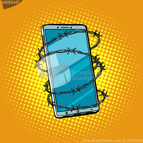 Image of Barbed wire and telephone. concept of freedom online Internet ce