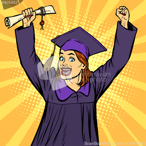 Image of joyful woman graduate victorious gesture hands up