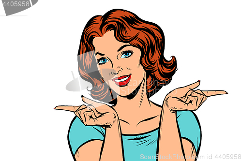 Image of Woman pointing fingers left and right