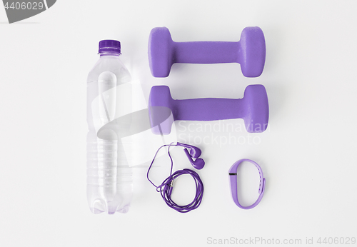 Image of dumbbells, fitness tracker, earphones and bottle