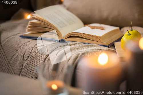 Image of book with autumn leaf and blanket on sofa at home