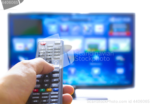 Image of Smart tv and hand pressing remote control