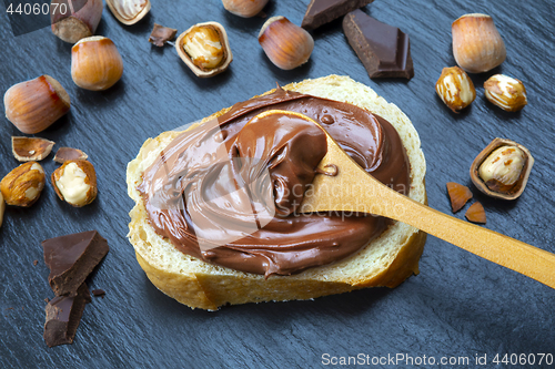 Image of Hazelnut Nougat cream on slice of bread