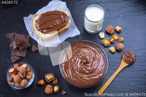 Image of Breakfast with chocolate spread in glass bowl