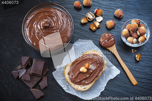 Image of Breakfast with chocolate spread in glass bowl