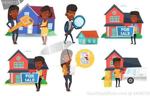 Image of Vector set of real estate agents and house owners.