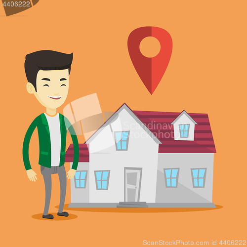 Image of Realtor on background of house with map pointer.