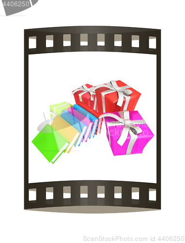 Image of Gifts and books. 3d illustration. The film strip.