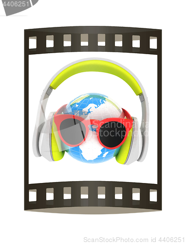 Image of Earth planet with earphones and sunglasses. 3d illustration. The
