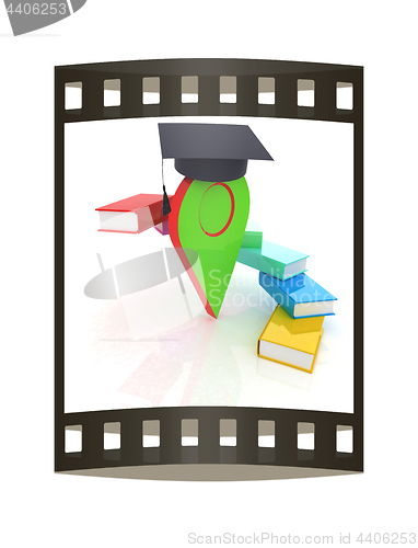 Image of Pointer of education in graduation hat with books around. 3d ill