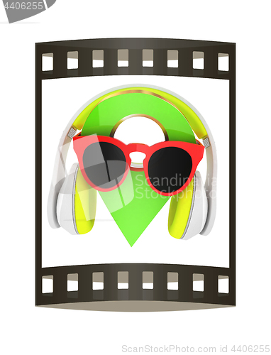 Image of Glamour map pointer in sunglasses and headphones. 3d illustratio