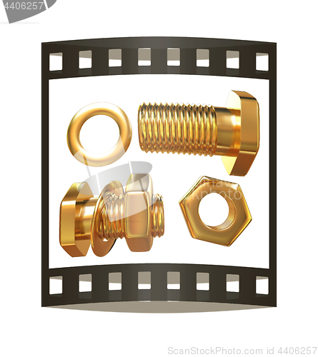 Image of Gold Bolt with nut. 3d illustration. The film strip.