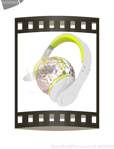 Image of Metal Golf Ball With headphones. 3d illustration. The film strip