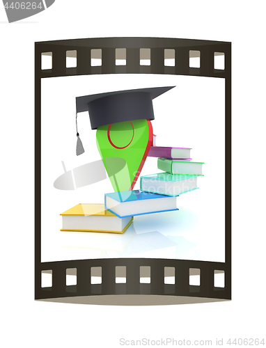 Image of Pointer of education in graduation hat with books around. 3d ill