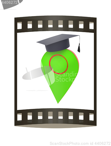 Image of Geo pin with graduation hat on white. School sign, geolocation a