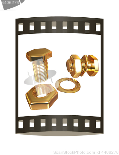 Image of Gold Bolt with nut. 3d illustration. The film strip.