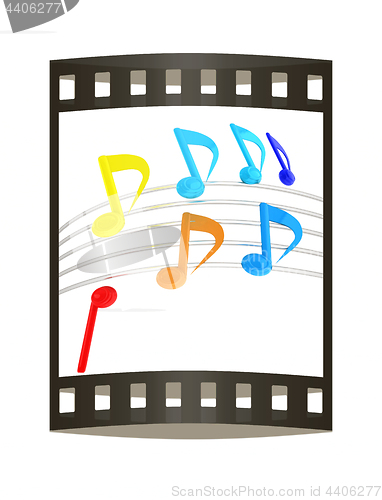 Image of music notes  background. 3D illustration. The film strip.