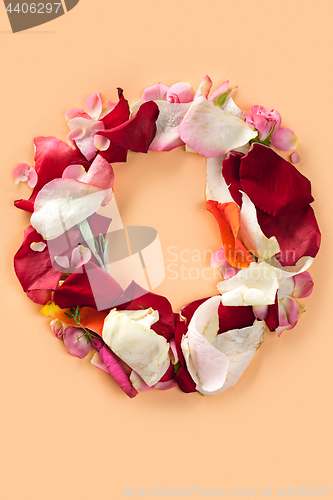 Image of Letter O made from red roses and petals isolated on a white background