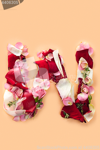 Image of Letter W made from red roses and petals isolated on a white background