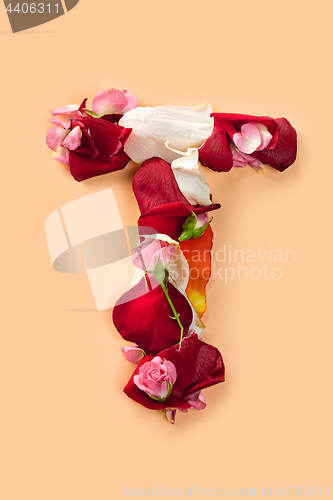 Image of Letter T made from red roses and petals isolated on a white background