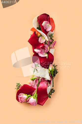 Image of Letter J made from red roses and petals isolated on a white background