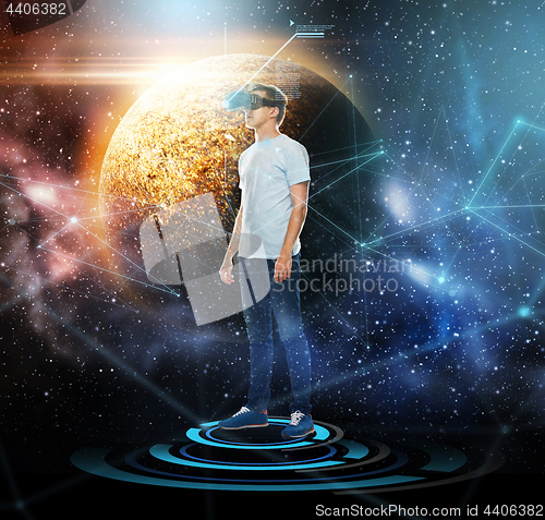 Image of man in virtual reality headset or 3d glasses