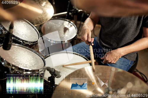 Image of male musician playing drum kit at concert