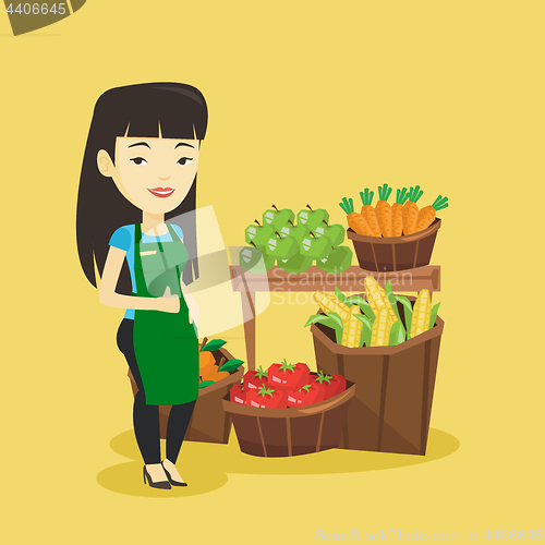 Image of Friendly supermarket worker vector illustration.