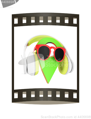 Image of Glamour map pointer in sunglasses and headphones. 3d illustratio