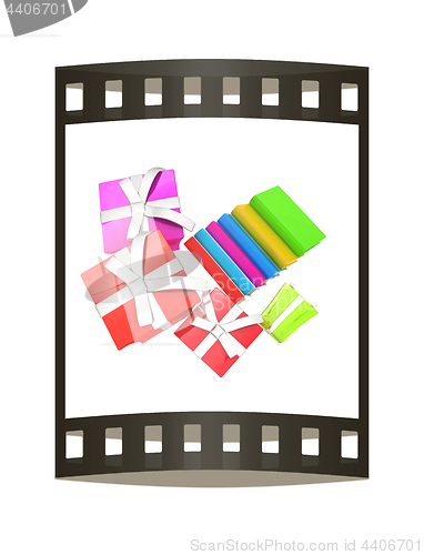 Image of Gifts and books. 3d illustration. The film strip.