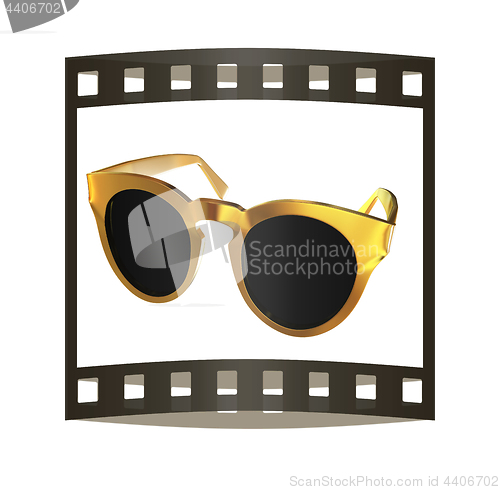 Image of Cool gold sunglasses. 3d illustration. The film strip.
