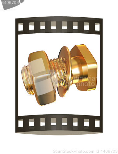 Image of Gold Bolt with nut. 3d illustration. The film strip.