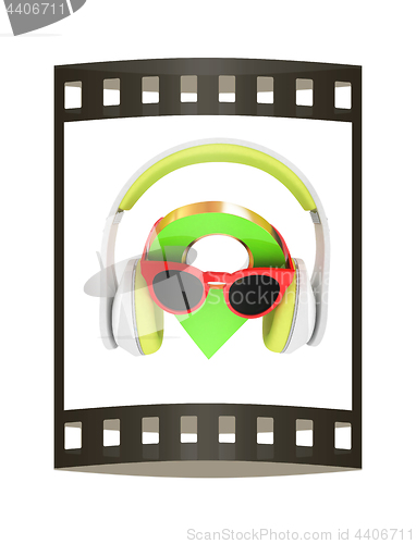 Image of Glamour map pointer in sunglasses and headphones. 3d illustratio