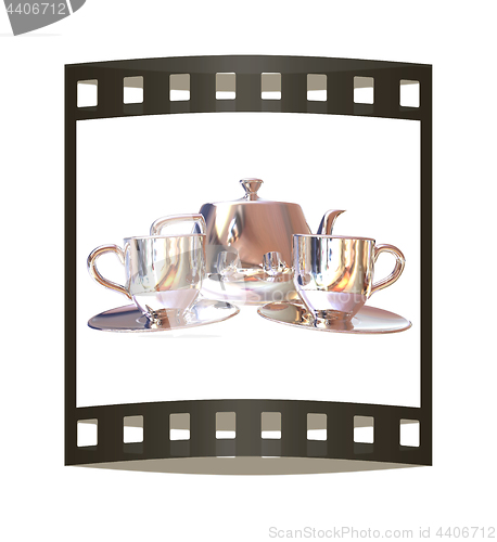 Image of Chrome Teapot and mugs. 3d illustration. The film strip.