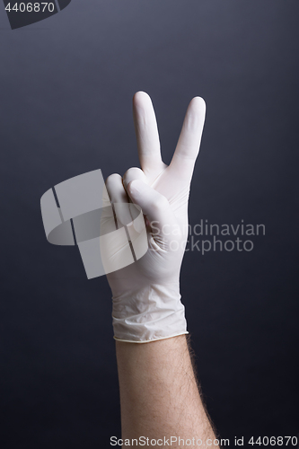 Image of Male hand in latex glove (victory gesture, v-sign)